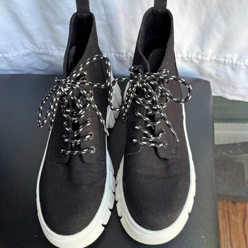Guess Black Canvas Platform Lace-Up Boots with White Soles